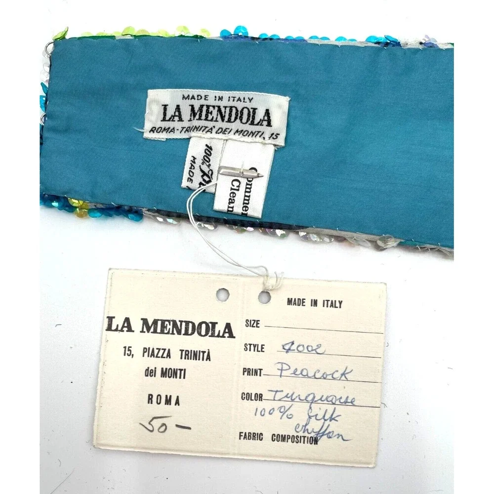Vintage La Mendola Peacock Retro Hand Beaded Green Pure Silk Chiffon Belt